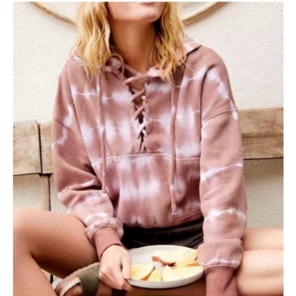 Free People Movement Tie Dye Believer Lace-Up Hoodie Pink Blush Cozy Sweater S